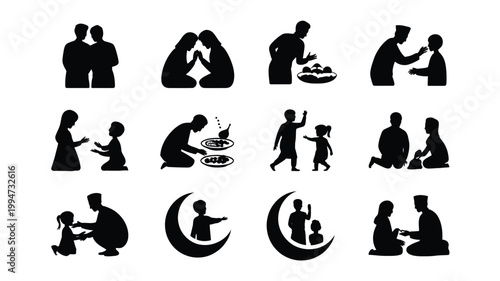 Vector illustration of black silhouettes depicting various family moments and relationships