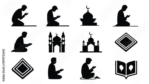Silhouette icons of people praying in various positions with mosques and islamic symbols