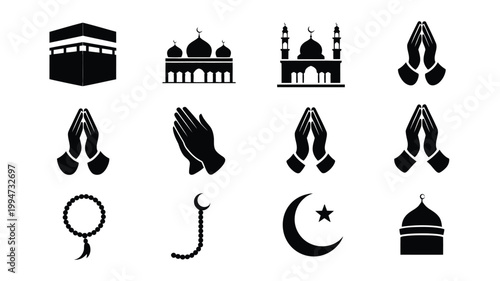 Islamic symbols and icons set including mosque kaaba prayer hands rosary and crescent moon on white background