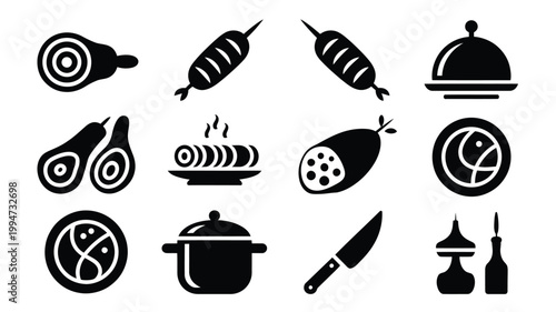 Black silhouette icons of various food items and cooking utensils on white background for culinary themes