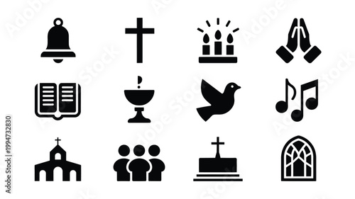 Christianity icons set including church cross bible prayer and holy symbols in black
