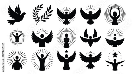 Black silhouette icons symbolizing peace freedom and spirituality with dove wings and radiant symbols on white background
