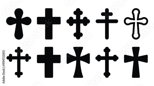 Collection of various cross symbols and icons in black silhouette on white background for design and religious concepts