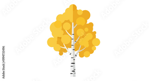 Vibrant Autumnal Birch Tree with Golden Yellow Leaves Isolated.