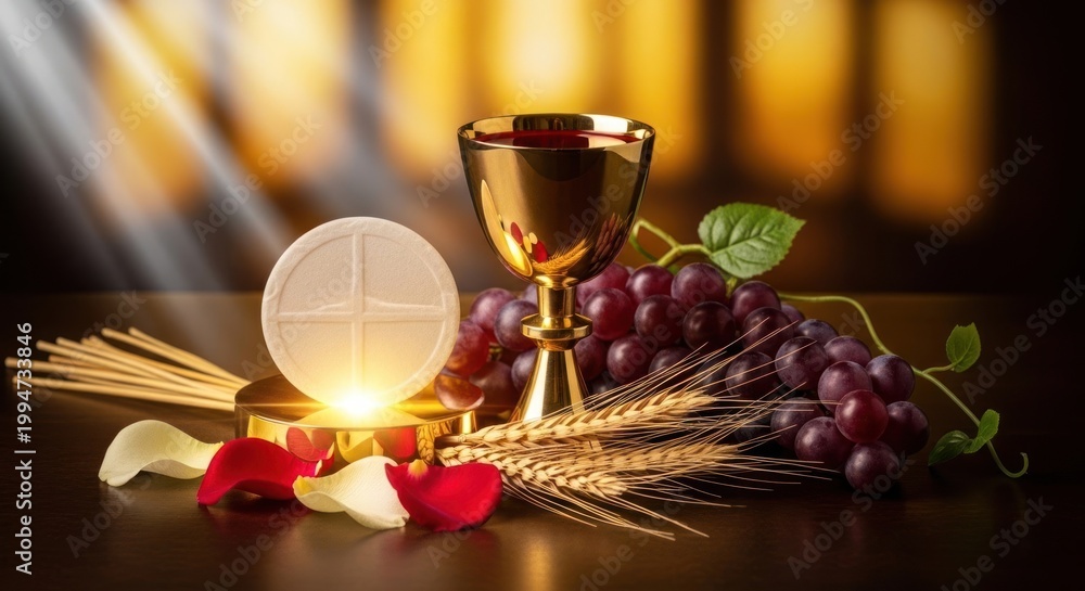 Naklejka premium Divine sustenance symbol: Corpus Christi, holy religion, Christ Body, divine Blood, Eucharist feast, sacred wafer, golden chalice, spiritual glow, fresh grape, ripen wheat, soft petal.