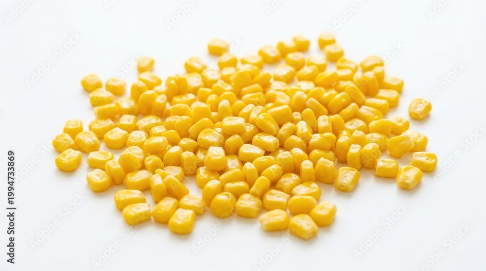 Fototapeta premium A pile of yellow corn kernels on a white background.