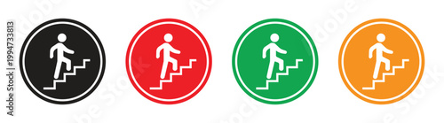 Stairs Direction Icon Set with Walking Person Symbol in Multiple Colors