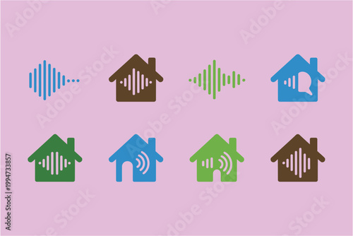 Set of smart home voice control icons with sound wave and house symbols