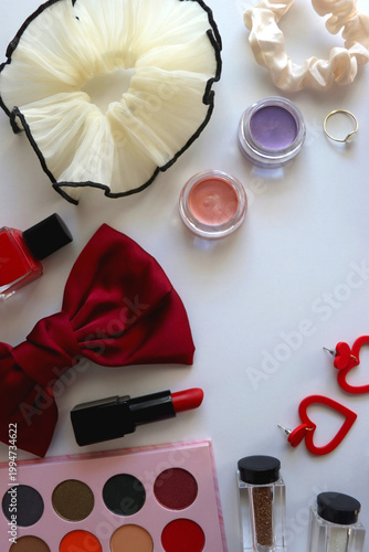 Various accessories and beauty products on white background. Coquette aesthetic. Flat lay.	