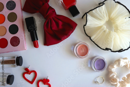 Various accessories and beauty products on white background. Coquette aesthetic. Flat lay.	