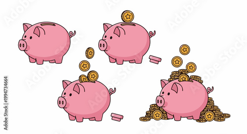 Pink piggy banks with falling coins illustrate saving money
