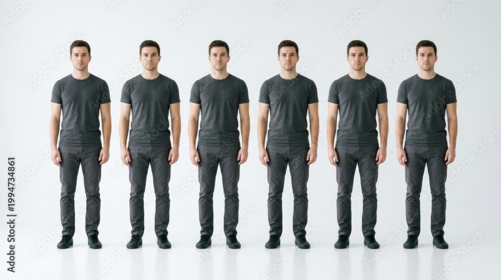 Fototapeta premium Six men standing in a line, wearing black t-shirts and pants, with a white background.