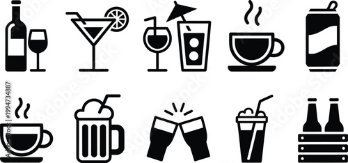 Beverages or drinks icon set, containing bottle, wine glass, coconut, mineral water, tea, coffee, beer, soda can, juice, cup and cocktail, vector illustration for menu design, bar signage and beverage
