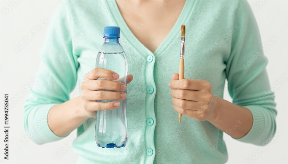 Fototapeta premium Person wearing a mint cardigan holds a plastic water bottle in one hand and a paintbrush in the other, photographed as a close cropped torso shot