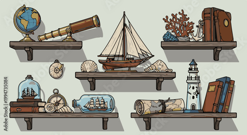 Nautical themed decor with a ship model, telescope, globe, lighthouse, books, shells, and map