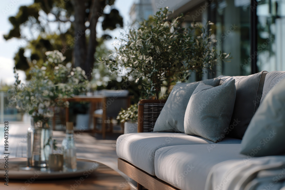 Obraz premium This serene outdoor space features a comfortable sofa adorned with soft pillows, surrounded by lush greenery and natural light, creating a peaceful retreat atmosphere.