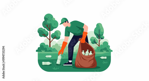 Person cleaning park, collecting plastic bottles in bag