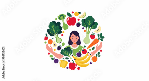 Person embracing healthy food and life, surrounded by fruits and vegetables in a circle