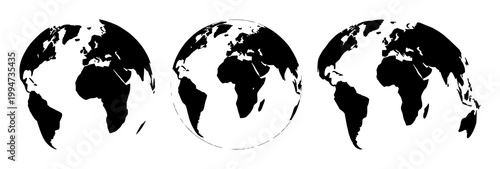Shipping globe icon set with solid black silhouette on white background featuring shipping, worldwide, global with travel and navigation