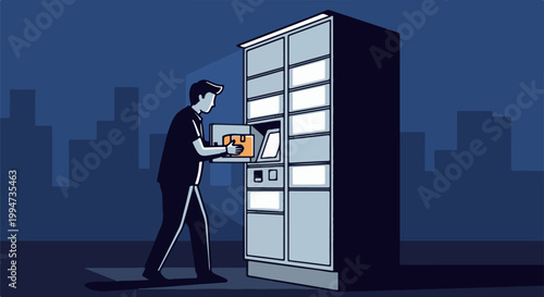 Man depositing package into automated delivery locker at night, city silhouette in background