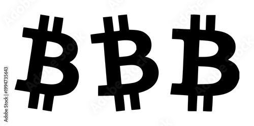 Solid black icon, white background: bitcoin (BTC) currency symbol set with simple line art design featuring sketches, drawings, vector graphics with minimalist and simple illustrations
