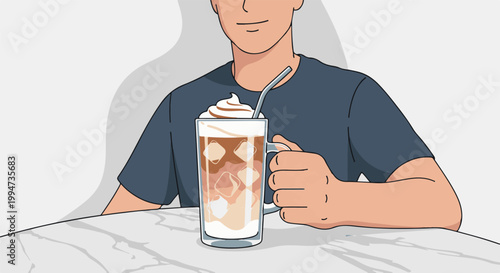 Person holding a tall glass of iced coffee topped with whipped cream and syrup