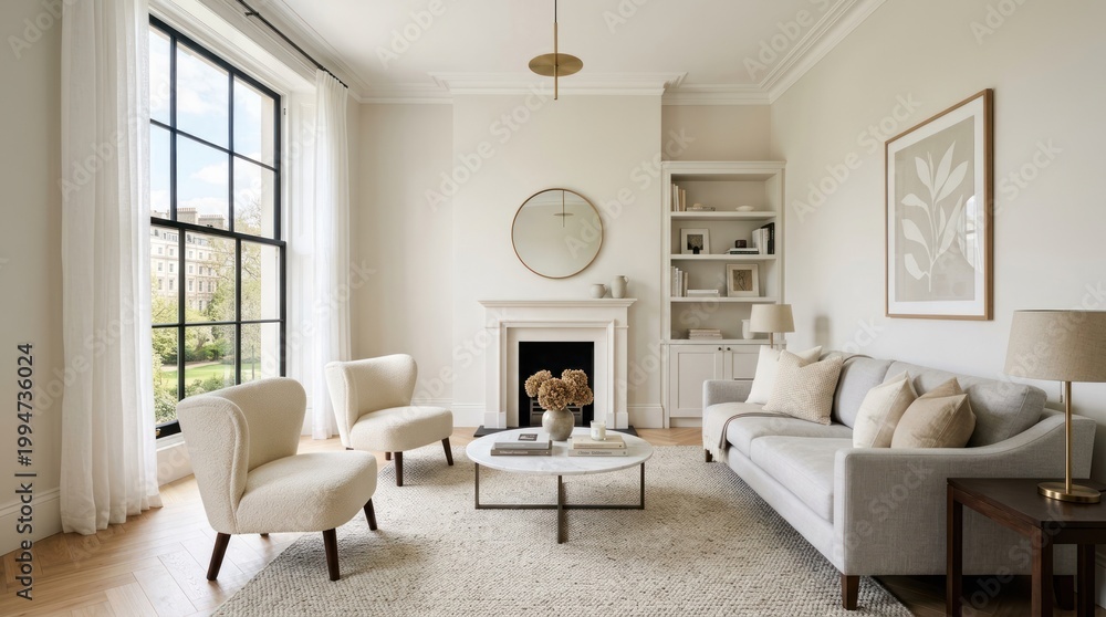 Fototapeta premium A serene living room with a white sofa, armchairs, and a fireplace, featuring a large window with black frames and a view of a green landscape outside.