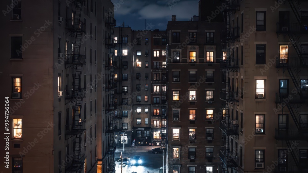 Fototapeta premium Urban Night Scene with Illuminated Windows in Apartment Buildings