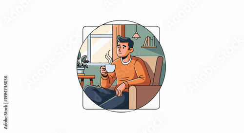 Person in orange sweater sits in armchair holding cup of hot beverage