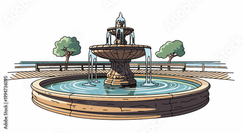 Ornate stone fountain with cascading water, surrounded by a wooden deck and two trees