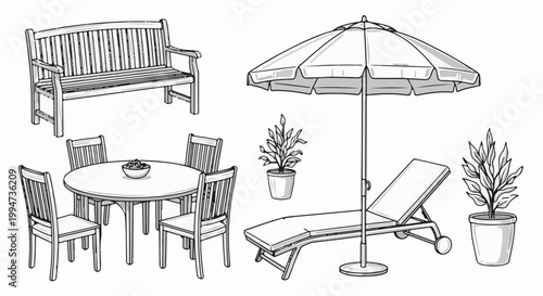 Outdoor furniture set including bench, table, chairs, lounge, and potted plants