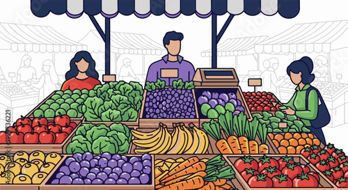 Outdoor market stall displaying abundant fresh produce with vendors and customers