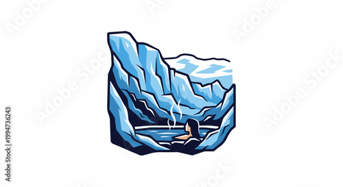 Person relaxes in a steaming pool surrounded by icy mountains