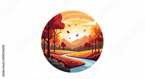 Oval frame enclosing a vibrant autumn landscape with a winding river, colorful trees, and a setting sun