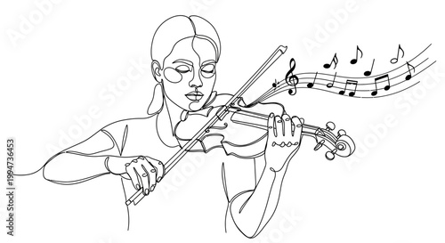 Woman Playing Violin with Music Notes.