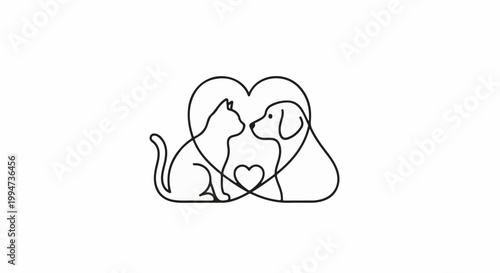 Minimalist outline of a cat and dog embracing within a heart