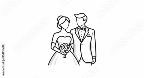 Minimalist outline of a bride in a wedding gown holding a bouquet and groom in a tuxedo standing side-by-side