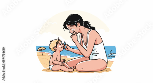 Mother applies sunscreen to child on sandy beach by the ocean under a bright sun