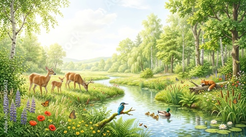 A serene forest scene with a river, deer, and a fox in a lush, green environment.