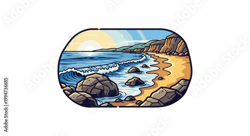 Ocean waves crash on a rocky beach under a vibrant sunset sky