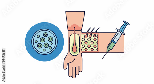 Microscopic organisms in a petri dish and a microscopic view of skin with a syringe