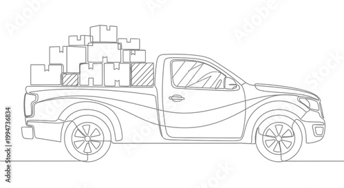 Pickup truck with cardboard boxes loaded.