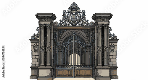Ornate wrought iron gates flanked by stone pillars, featuring decorative filigree and a central crest