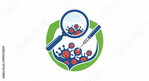 Microscopic view of viral particles and a medical syringe with vaccine, within a shield