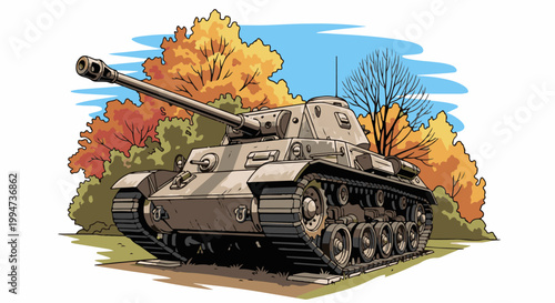 Military tracked vehicle in a stylized autumnal forest setting