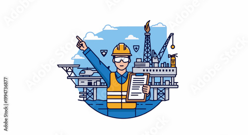 Offshore worker points at safety equipment and clipboard on rig