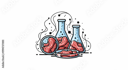 Lab equipment holding samples of meat, with scattered dots and lines suggesting research
