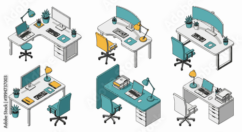Multiple modern isometric office desk setups with chairs and accessories
