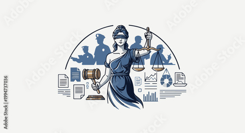 Lady Justice holds scales, symbolizing law and order with police, legal documents, and data visuals