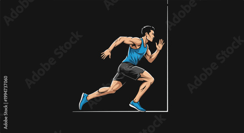 Muscular athlete in blue tank top and shorts running with determined expression